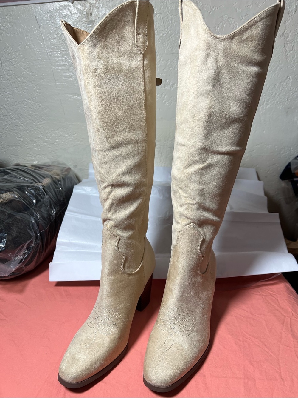 Over-the-Knee Cream Suede Western Boots with Block Heel
